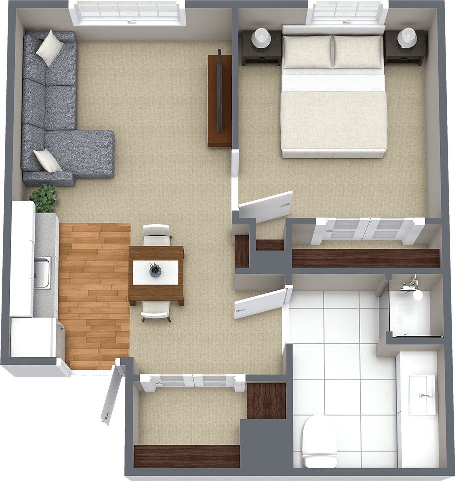 A compact apartment floor plan featuring a bedroom, living room, kitchen, and dining area.