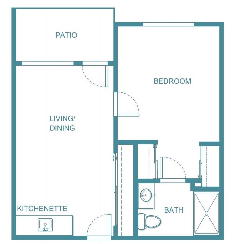 A simple floor plan layout featuring a living/dining area, kitchenette, bedroom, bath, and patio.