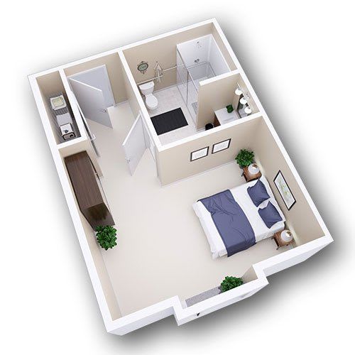 A 3D floor plan of a one-bedroom apartment featuring a bedroom, bathroom, and closet.