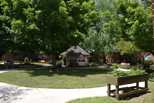 A serene park setting featuring a gazebo surrounded by lush greenery.