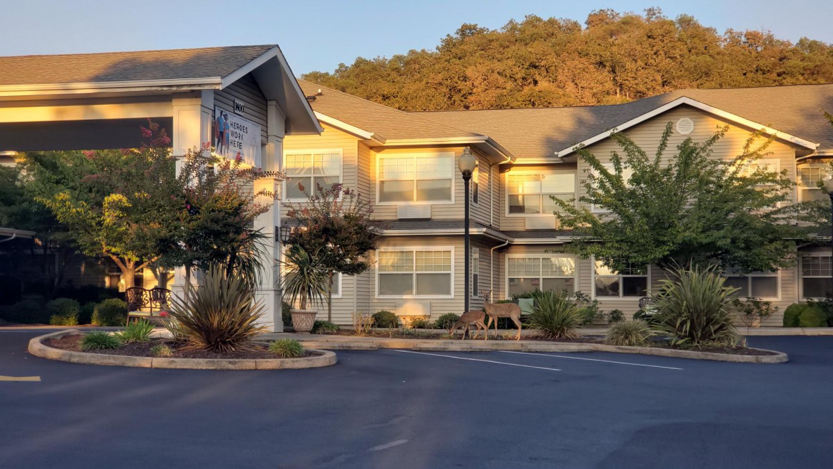 A residential building surrounded by trees during sunset.