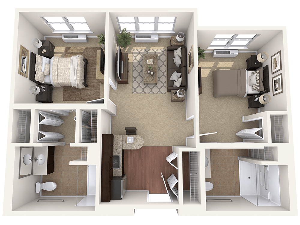 Top-down view of a two-bedroom apartment floor plan with a central living area and kitchen.