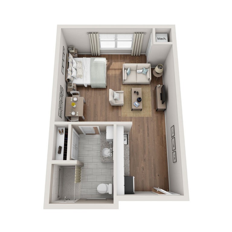 A compact 1-bedroom apartment floor plan with a living area, kitchen, and bathroom.