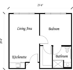 A simple floor plan of an apartment featuring a living area, bedroom, kitchenette, and bathroom.