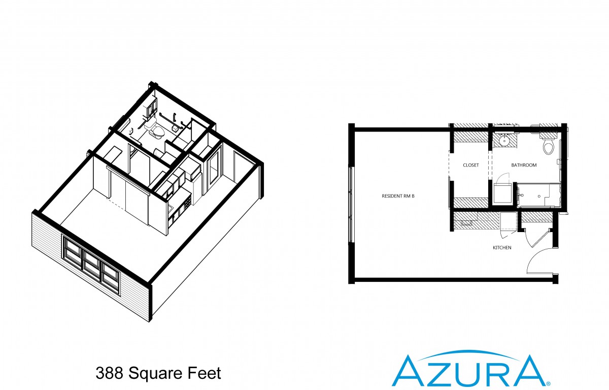 An architectural floor plan showing an isometric and 2D layout of an apartment, measuring 428 square feet.