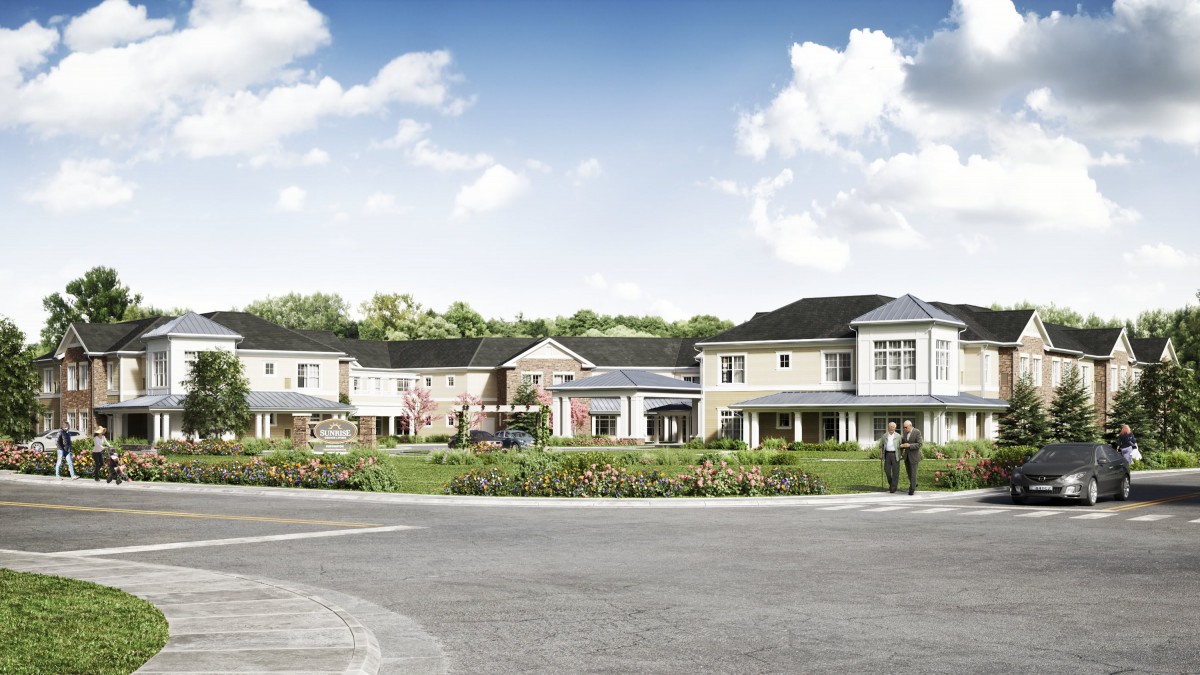 An architectural rendering of a modern suburban residential complex with landscaped grounds and a clear sky.