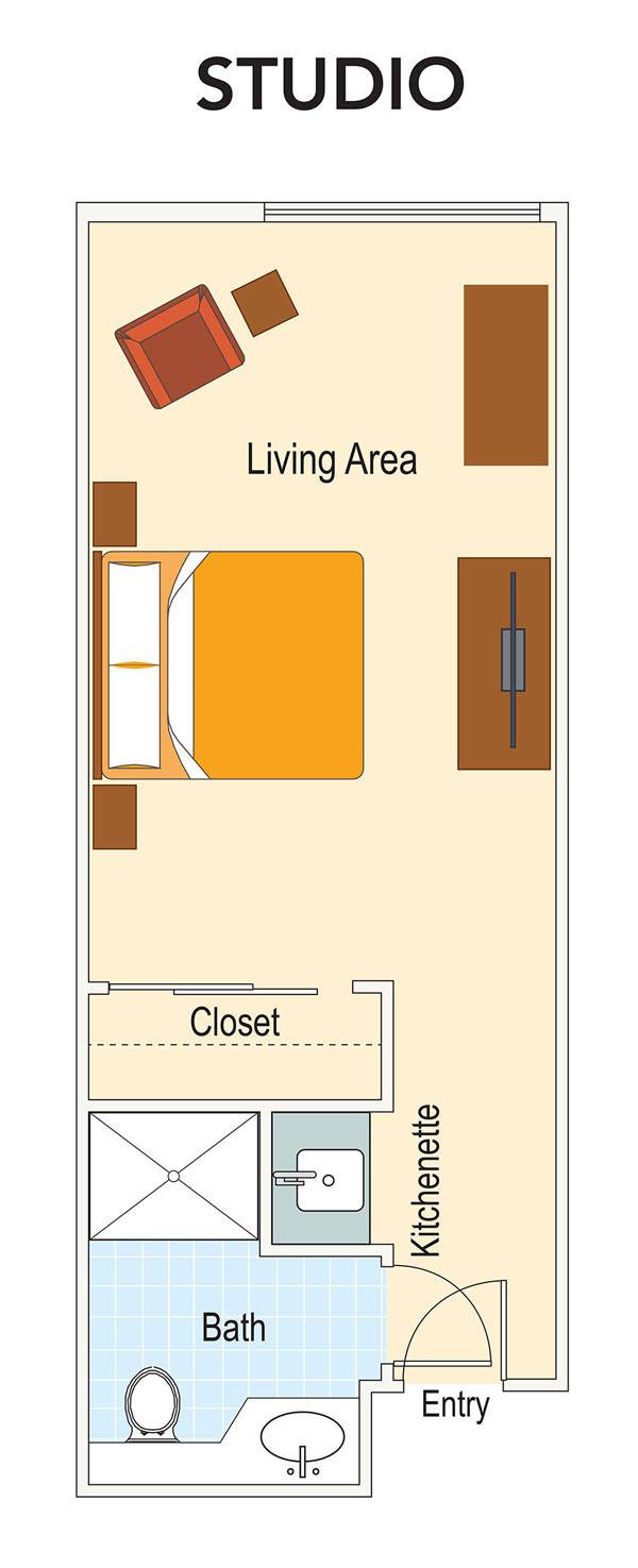 A simple floor plan of a small bedroom with a bed, closet, and dresser.