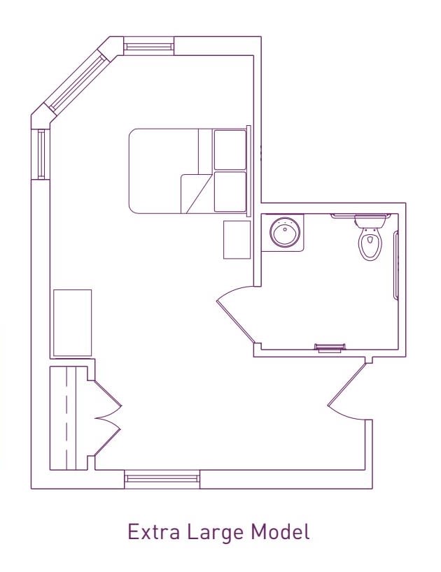 A simple floor plan of a small apartment, showing the layout of a bedroom, bathroom, and living area.