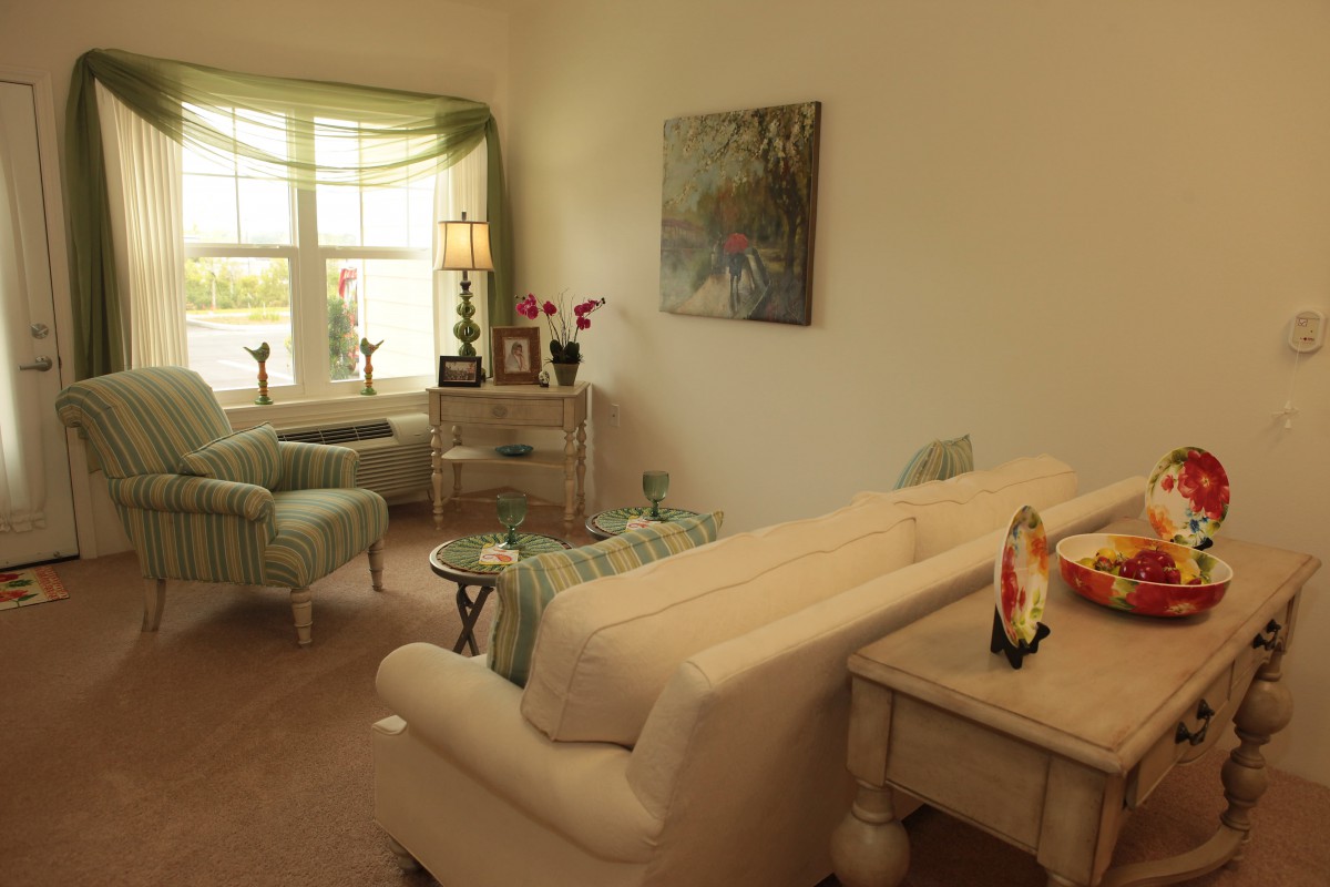 Cozy living room with elegant furniture and ample natural light.