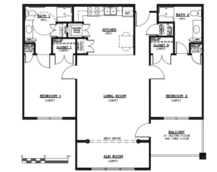 A floor plan of an apartment with two bedrooms, a living room, and a balcony.