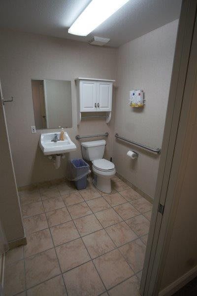 A small, clean bathroom with a sink, toilet, and handrail.