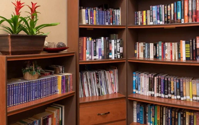 A cozy corner of a library featuring wooden bookshelves filled with a variety of books.