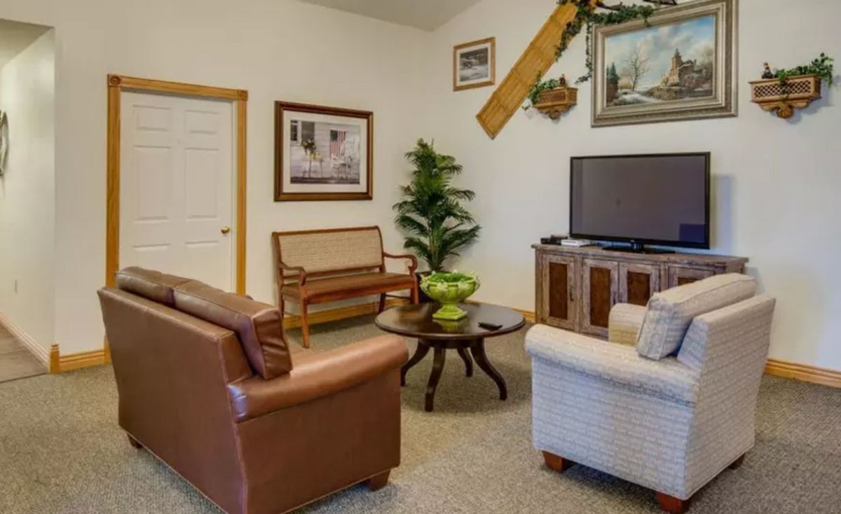 A cozy living room setup featuring a sofa, armchair, and a TV alongside decorative elements.
