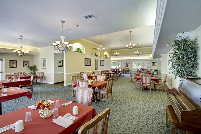 A spacious dining room with neatly arranged tables and chairs, featuring chandeliers and a carpeted floor.