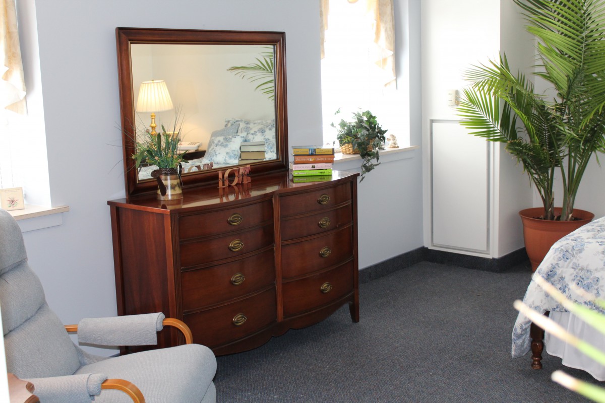 A room with a wooden dresser and mirror, adorned with plants.