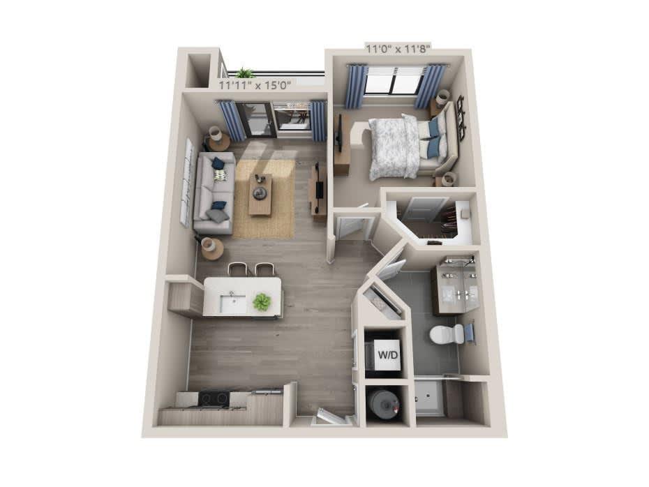A 3D floor plan of a one-bedroom apartment featuring a living room, kitchen, and bathroom.