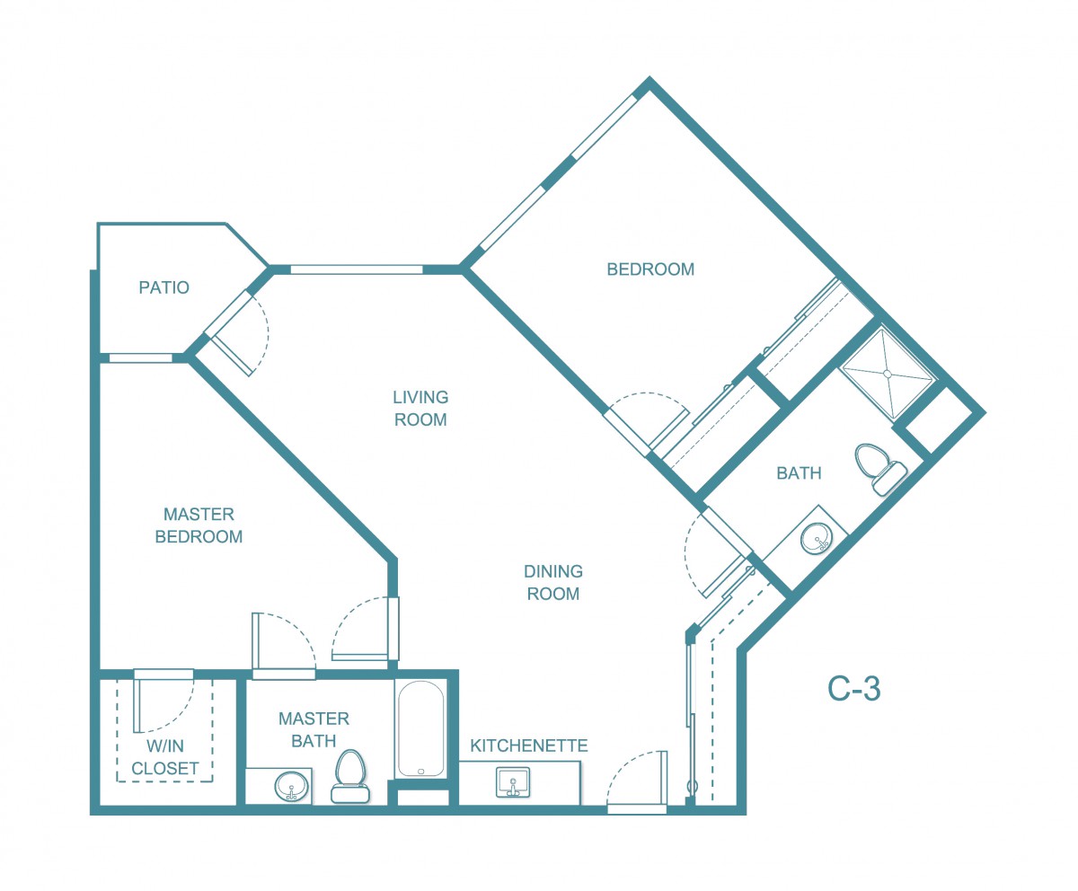 Apartment floor plan featuring two bedrooms, living room, kitchen, and patio.