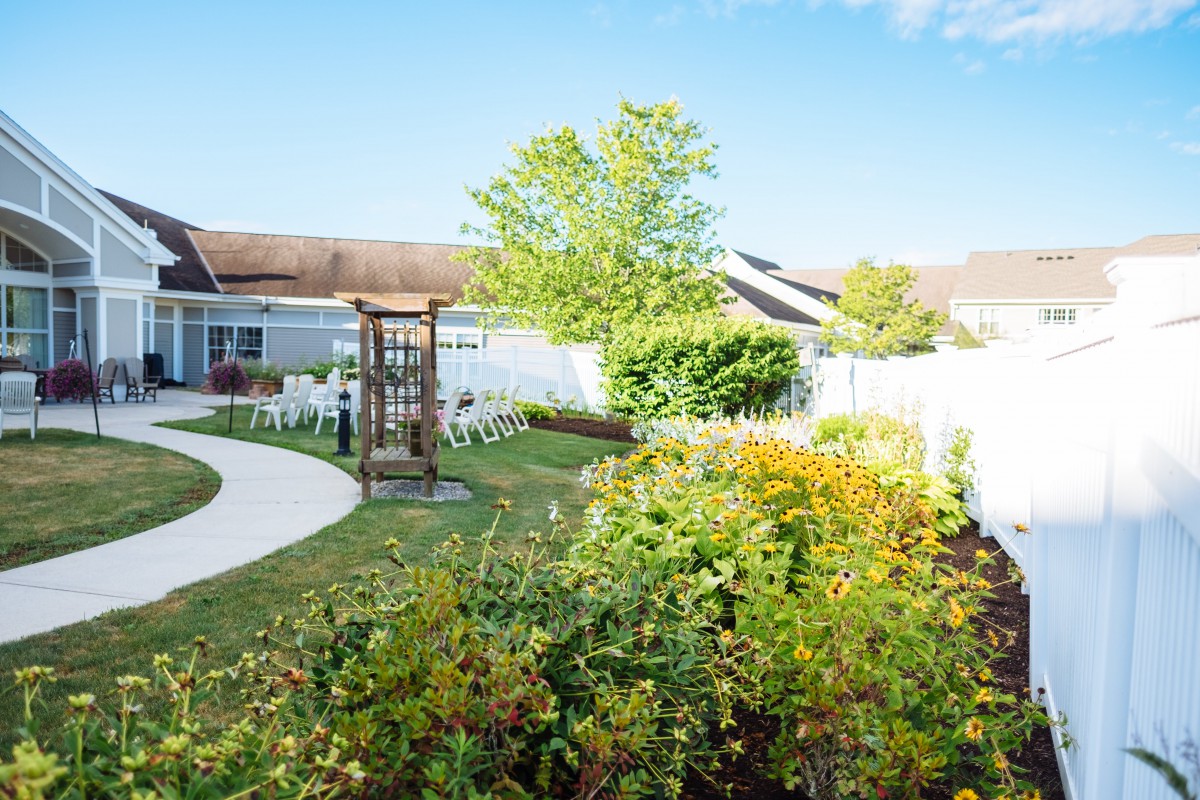 A peaceful garden with lush greenery, a pathway, and a white fence under a clear blue sky.