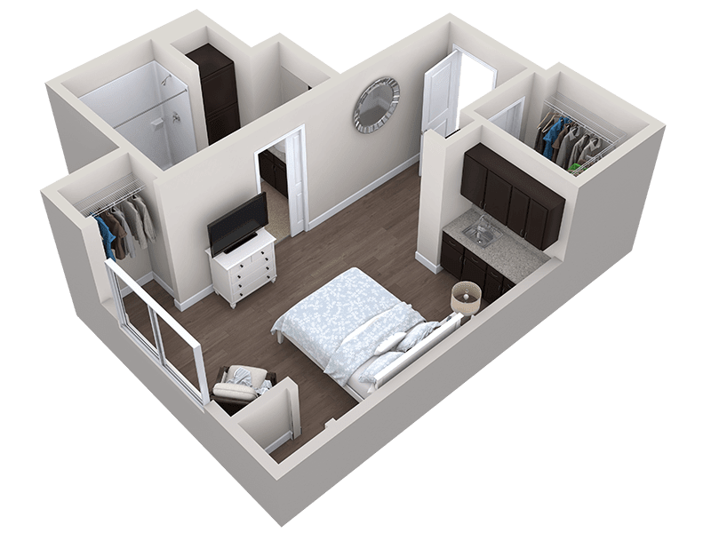 A 3D rendering of a bedroom floor plan featuring a bed, dresser, and closet space.