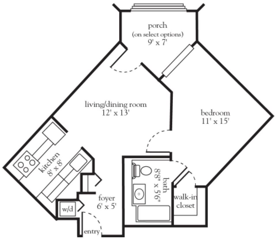 Floor plan of a one-bedroom apartment featuring a living room, kitchen, bathroom, and porch.