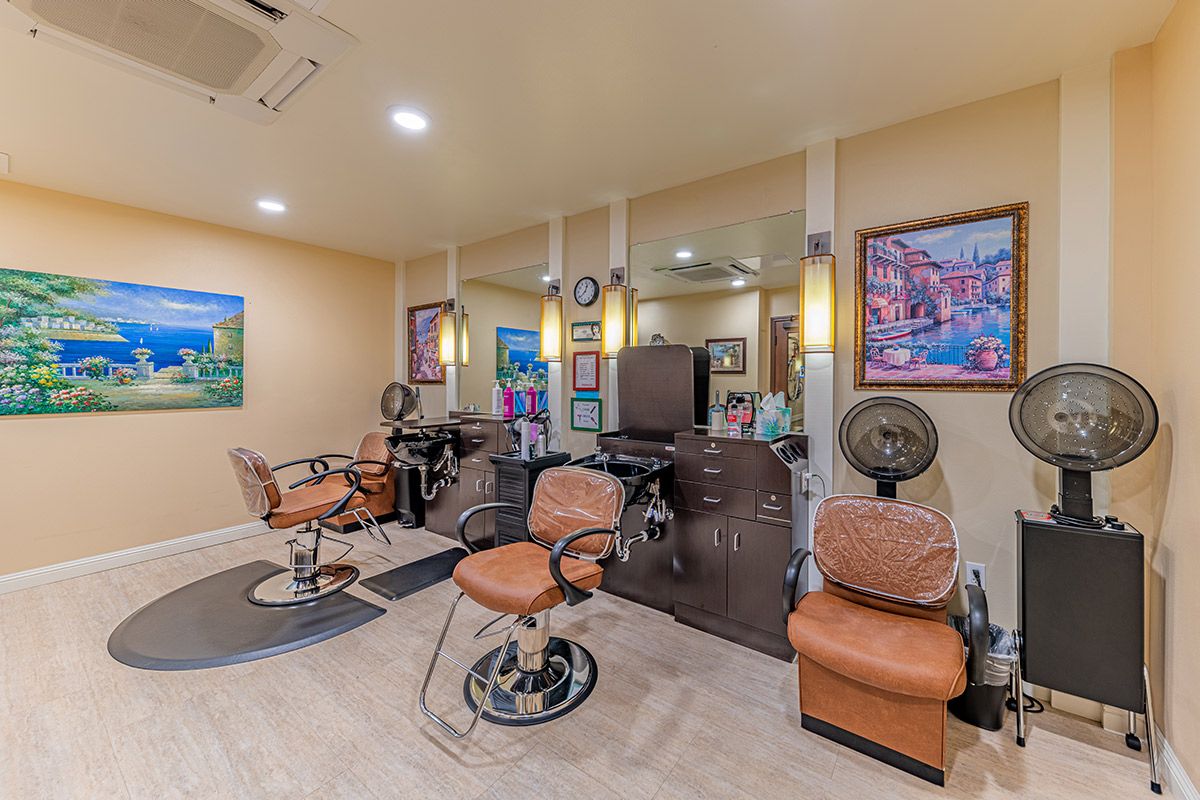A well-lit hair salon with styling chairs, mirrors, and artwork on the walls.