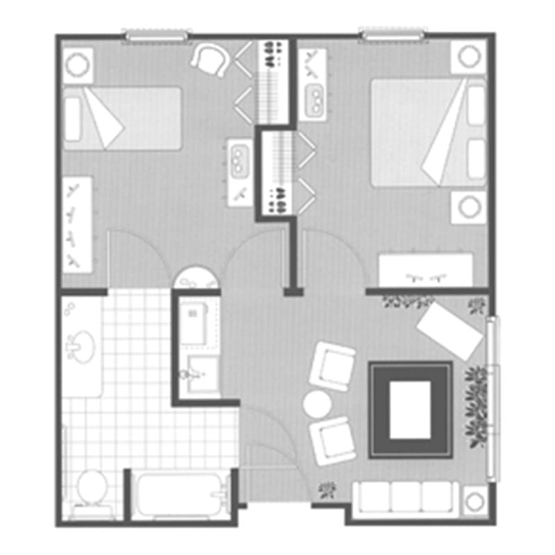 A floor plan depicting a two-bedroom apartment with a living room, kitchen, and bathroom.