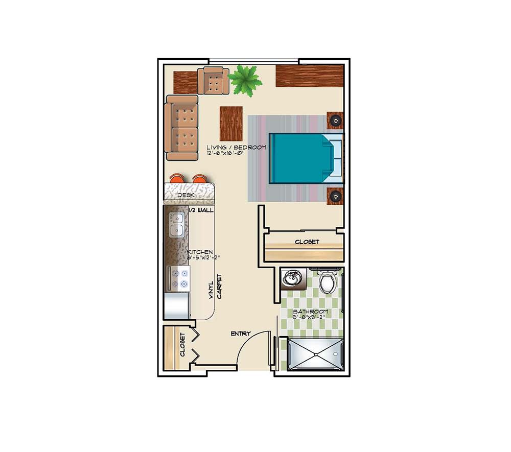 A compact studio apartment floor plan featuring a single bedroom, kitchen, living area, and bathroom.