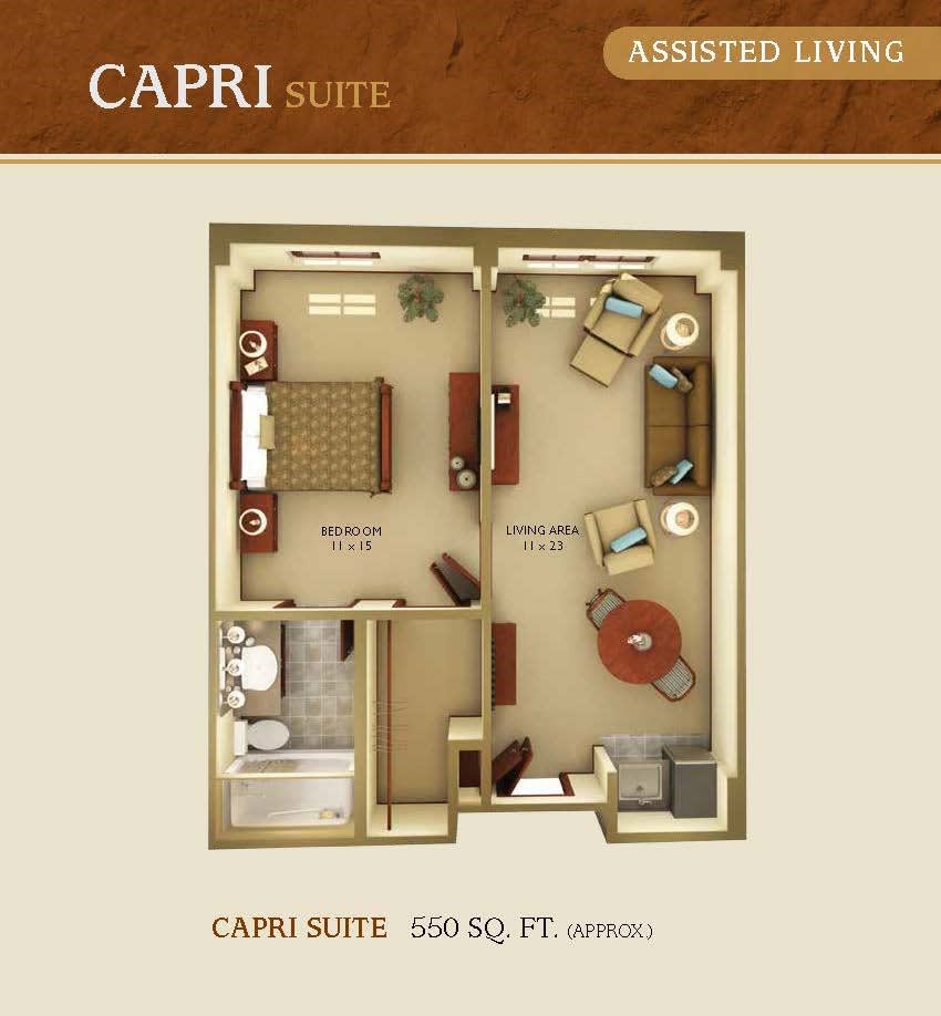 Floor plan of the Capri Suite, 358 sq. ft., designed for assisted living.