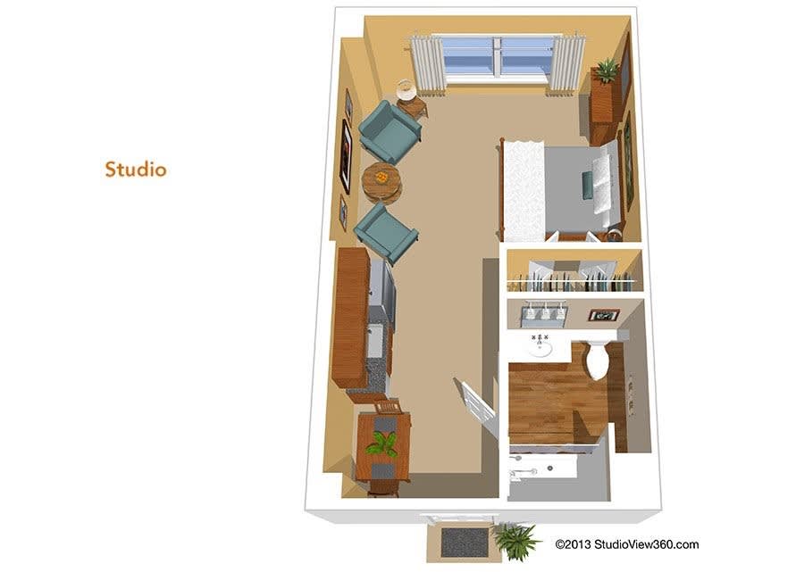 3D floor plan of a studio apartment with living area, kitchen, and bathroom.