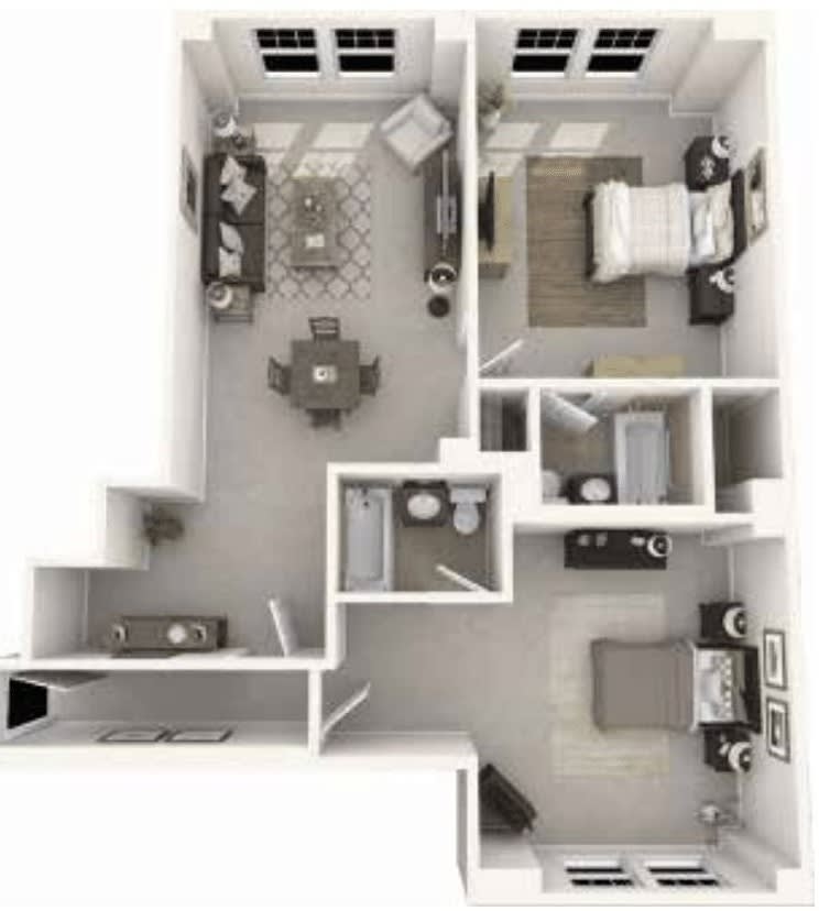 2D floor plan of a modern apartment showing a layout with one bedroom, living room, kitchen, and bathroom.