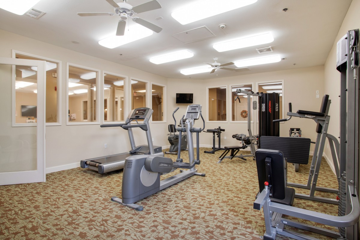 A modern gym with various exercise equipment including treadmills and elliptical machines.