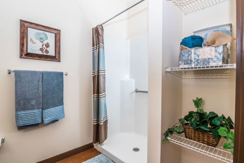 A well-organized bathroom featuring a shower with a patterned curtain, neatly folded towels, and decorative elements on shelves.