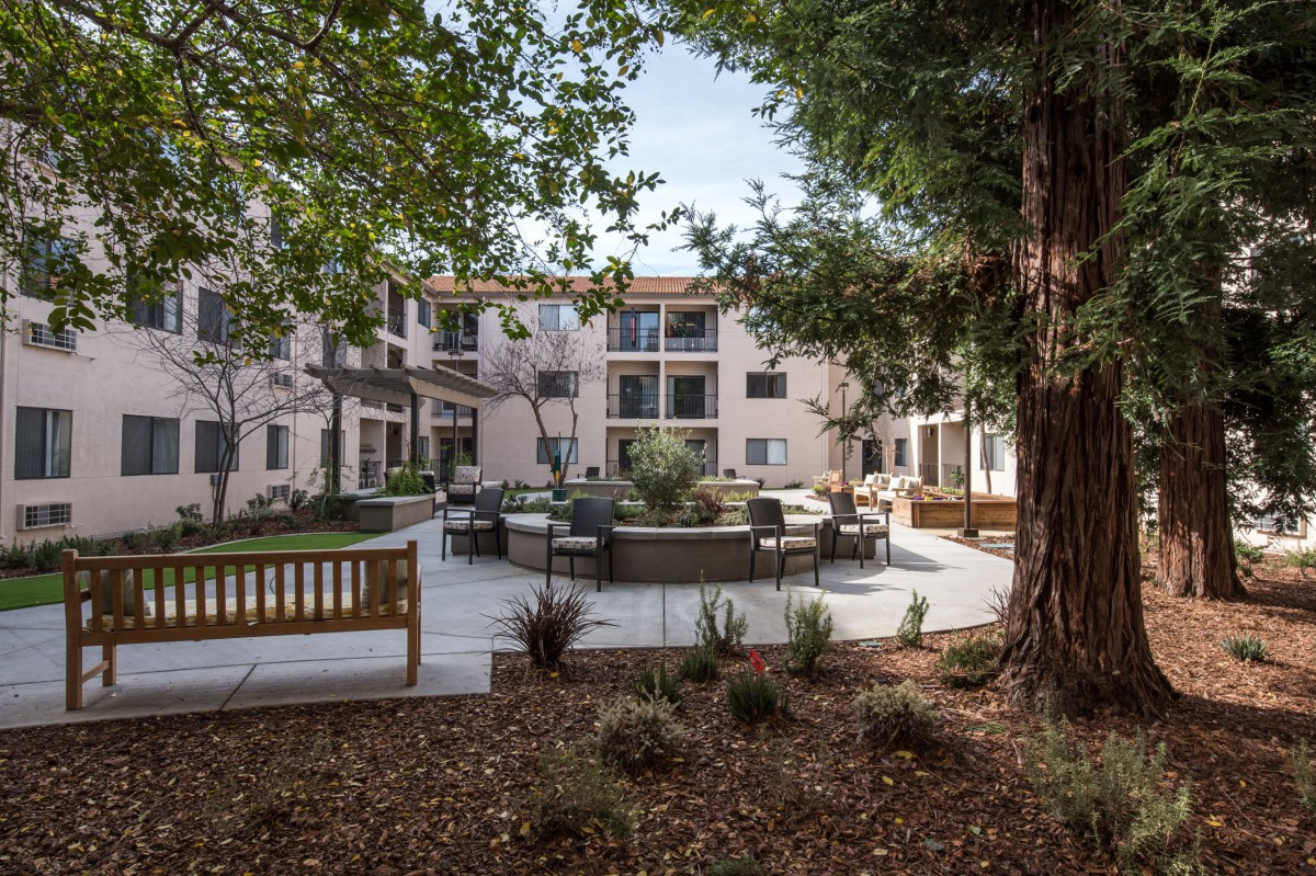 A tranquil courtyard with seating surrounded by trees and an apartment building.