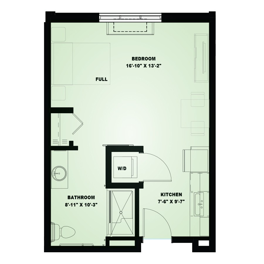 A compact studio apartment floor plan featuring a main living area, kitchen, and bathroom.