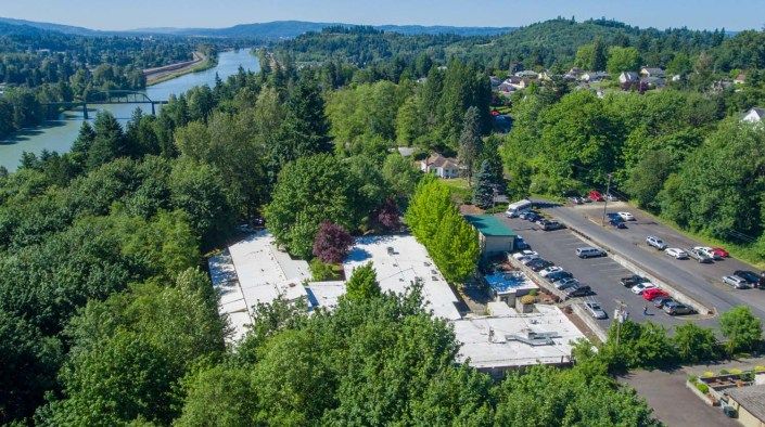 Aerial view of a residential area surrounded by lush green forests and a flowing river.