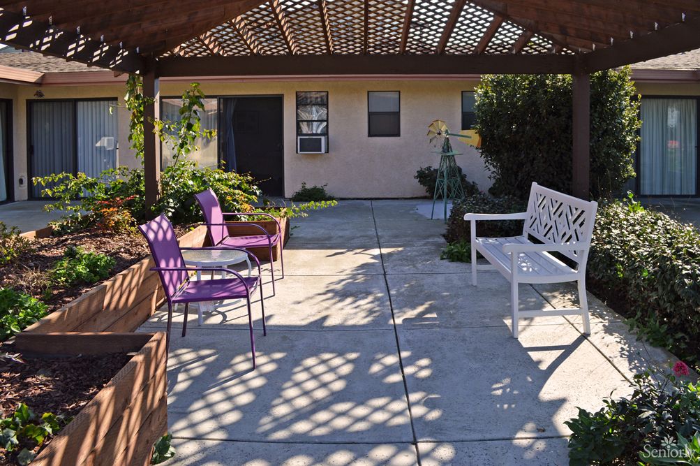A cozy outdoor patio area with a pergola, featuring purple chairs and a white bench beneath dappled sunlight.