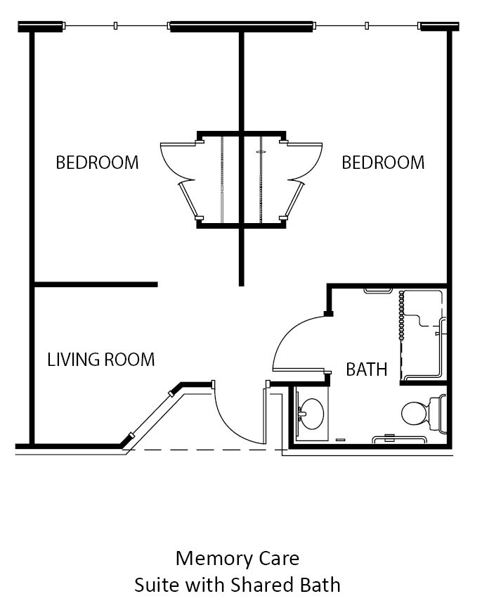 A simple floor plan showing two bedrooms, a living room, and a bathroom.