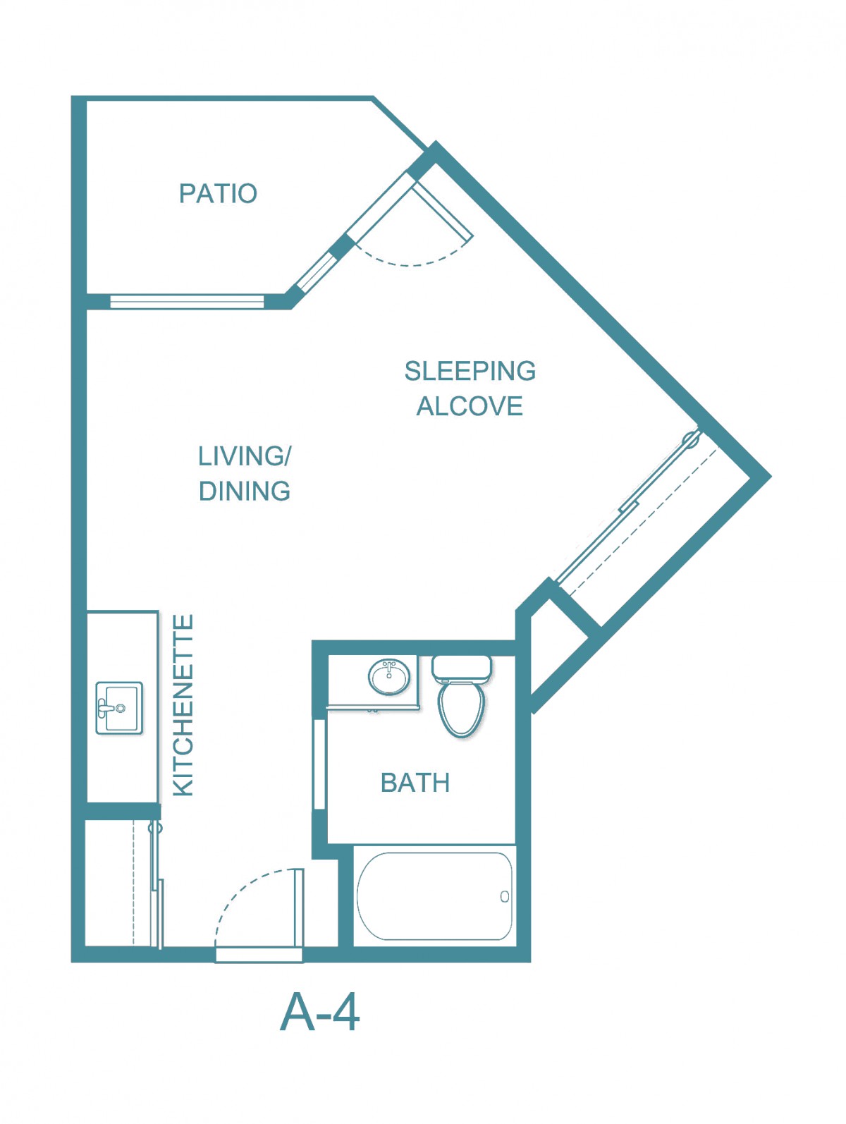 Studio apartment floor plan with a sleeping alcove and patio.