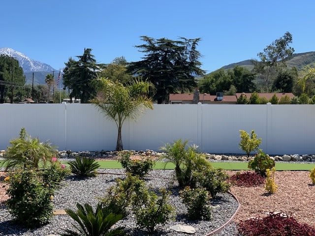 A well-maintained garden with various plants, a white fence, and a clear blue sky.