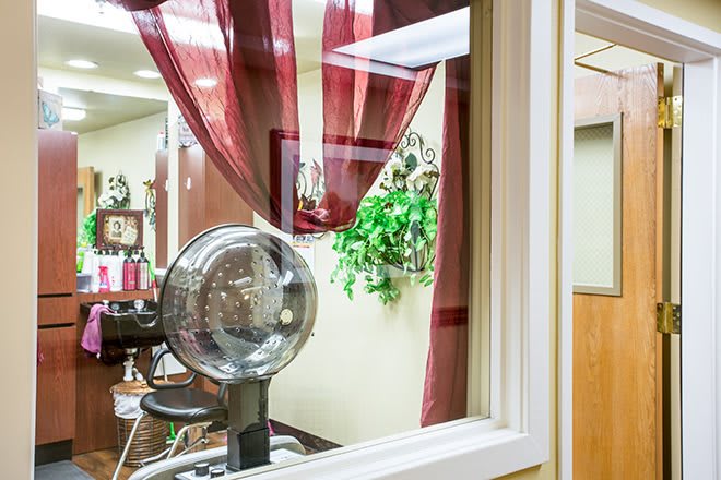 View through a window into a hair salon with a hair dryer, decorative curtains, and plants.