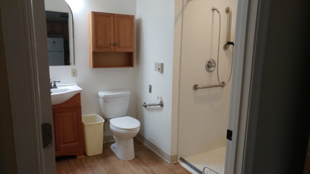 A bathroom with a toilet, shower, sink, and wooden cabinet.