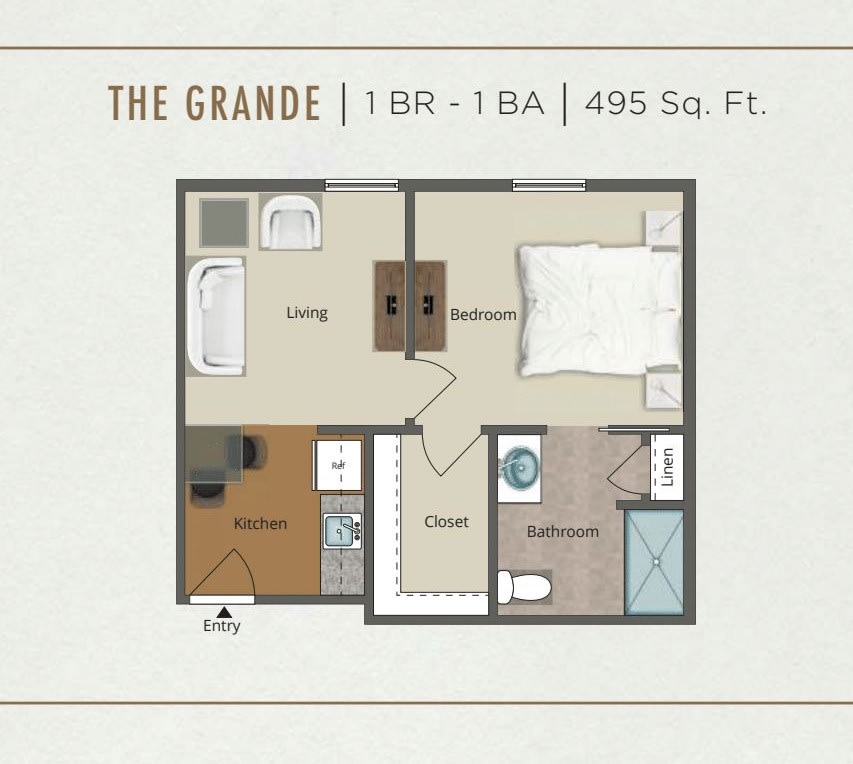 The floor plan of 'The Grande' apartment, featuring 1 bedroom and 1 bathroom, totaling 495 square feet.