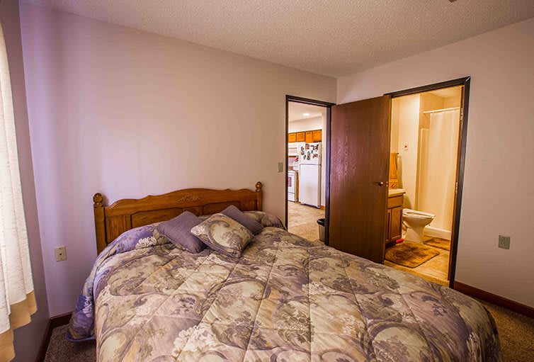 A cozy bedroom featuring a large bed with patterned bedding and pillows, adjacent to a bathroom.