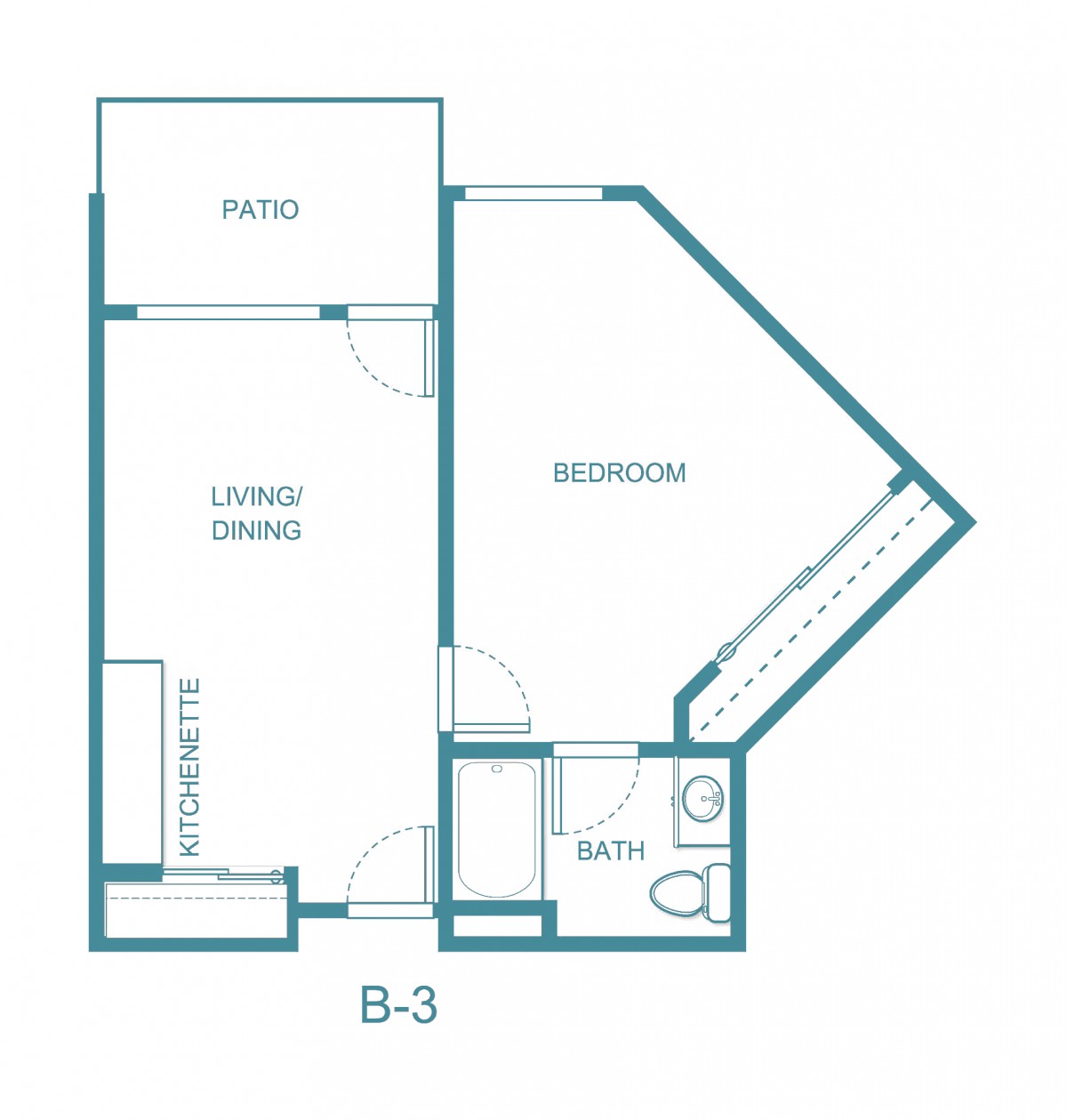 A compact floor plan layout of a one-bedroom apartment with living and dining areas, kitchenette, and bathroom.