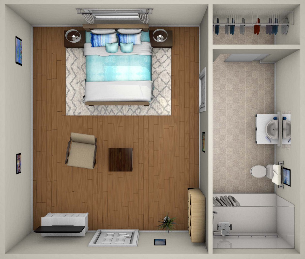 A top-down view of a compact studio apartment layout featuring a bedroom area, kitchenette, and bathroom.