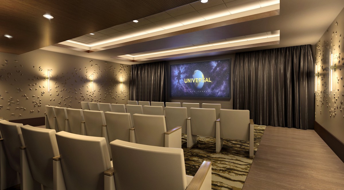 A cozy screening room with rows of comfortable seats and a large projection screen.