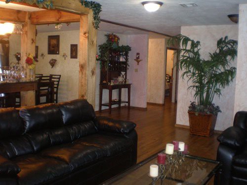 A cozy living room with a black leather sofa, wooden flooring, and decorative plants.