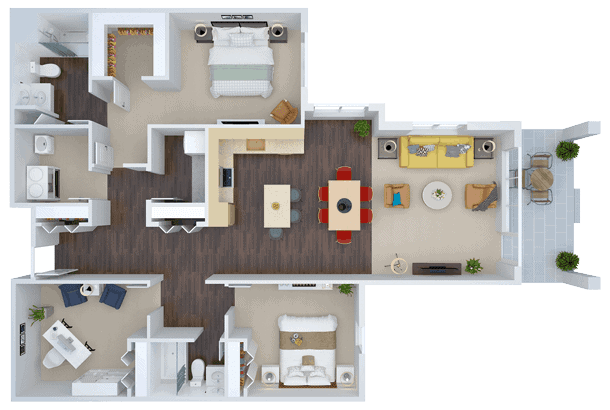 A 3D-rendered floor plan of an apartment, showcasing the arrangement of rooms and furniture.