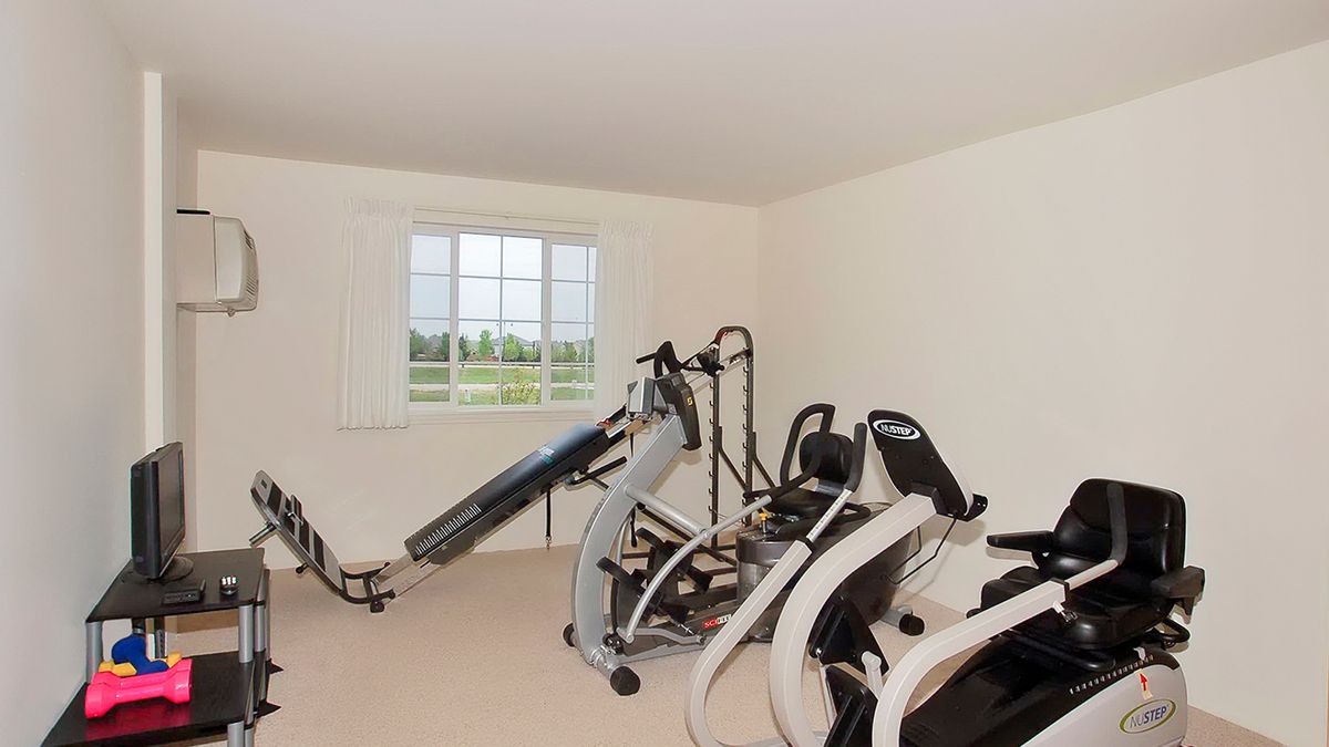 A bright home gym featuring various exercise equipment, including a treadmill and elliptical machines.