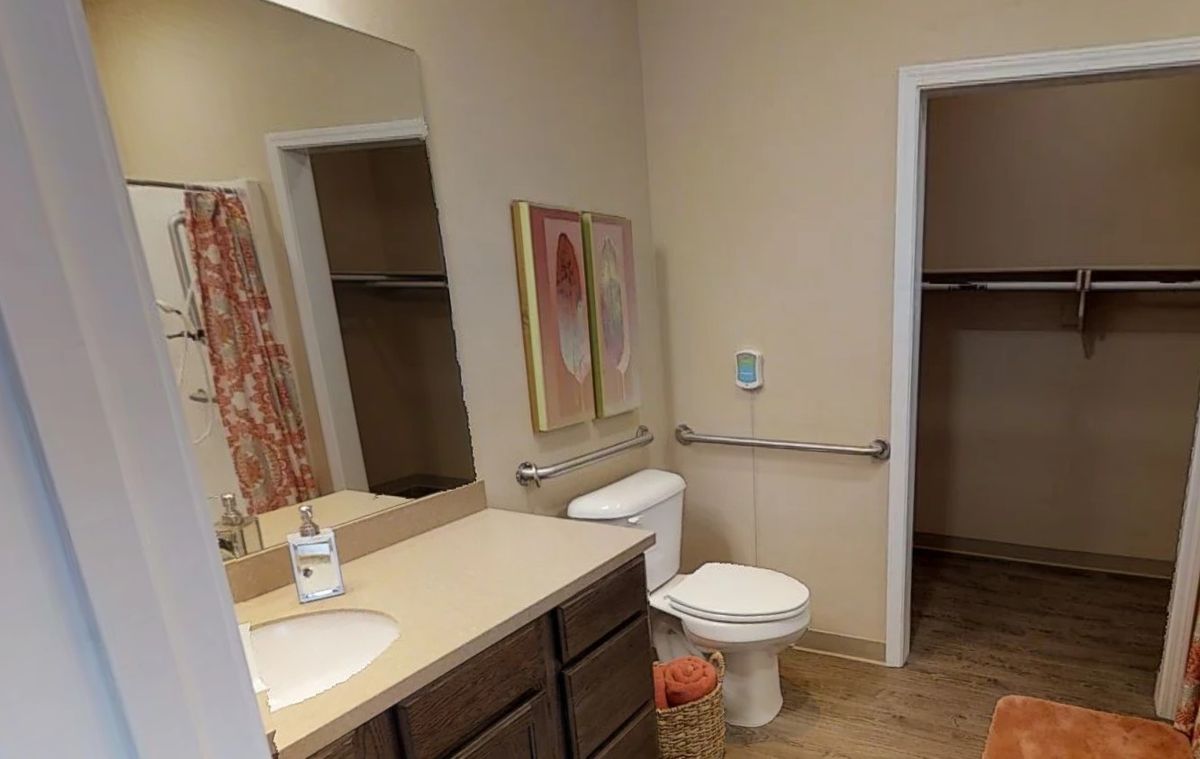 A bathroom with a sink, mirror, and accessible features.
